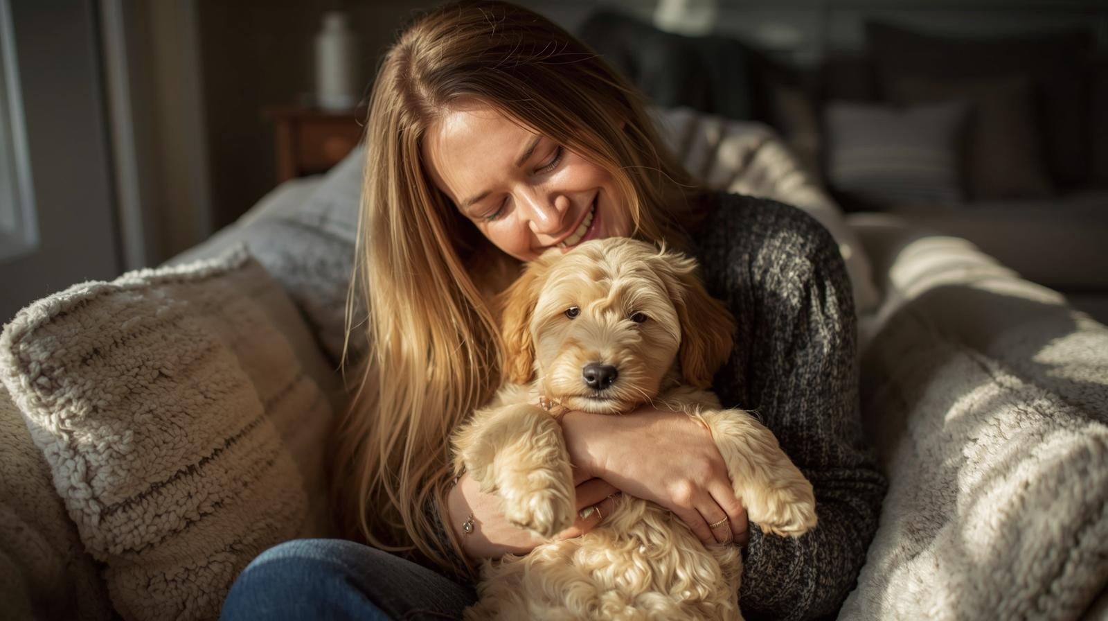 ethical doodle breeder in Pennsylvania sitting with home-raised puppies in natural light