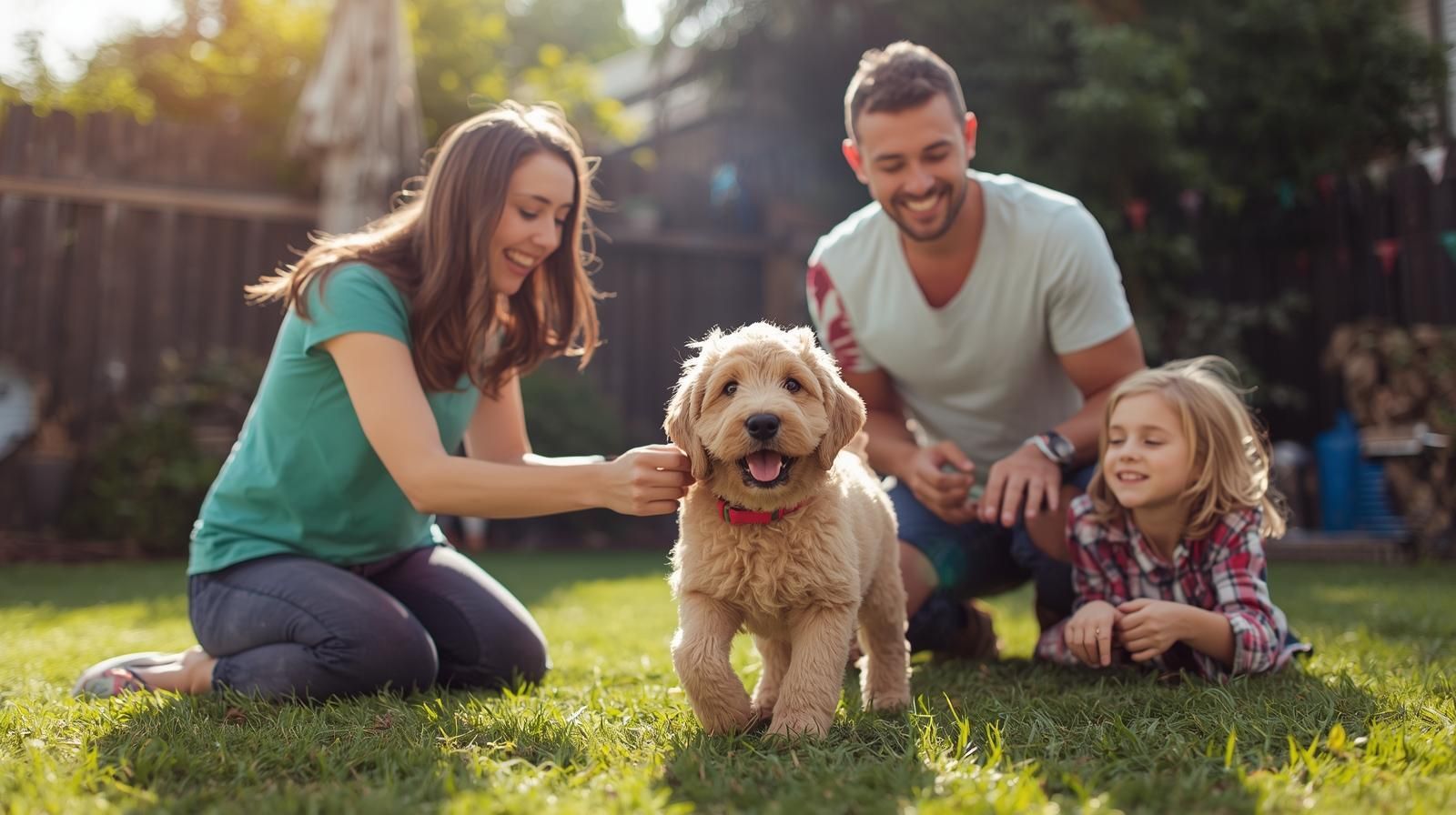 family bonding with trained Goldendoodle from Homemade Puppies