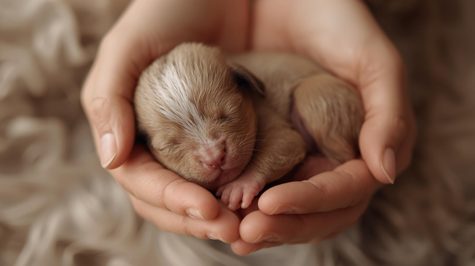 breeder gently holding a neonatal puppy during the first stage of development