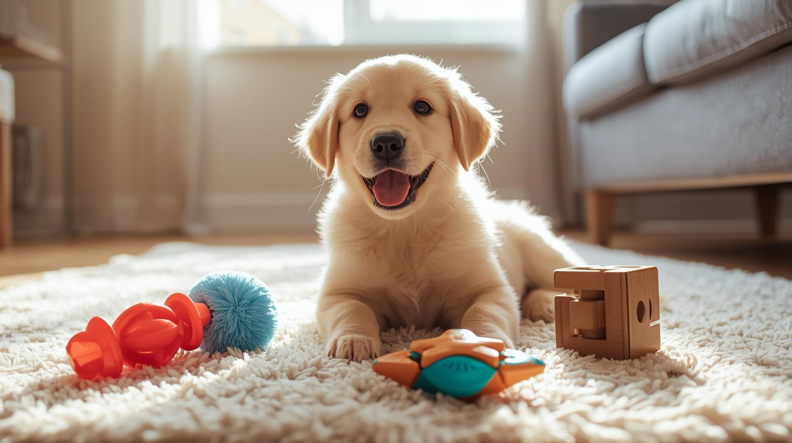 young puppy playing with safe developmentally appropriate toys in a family living room