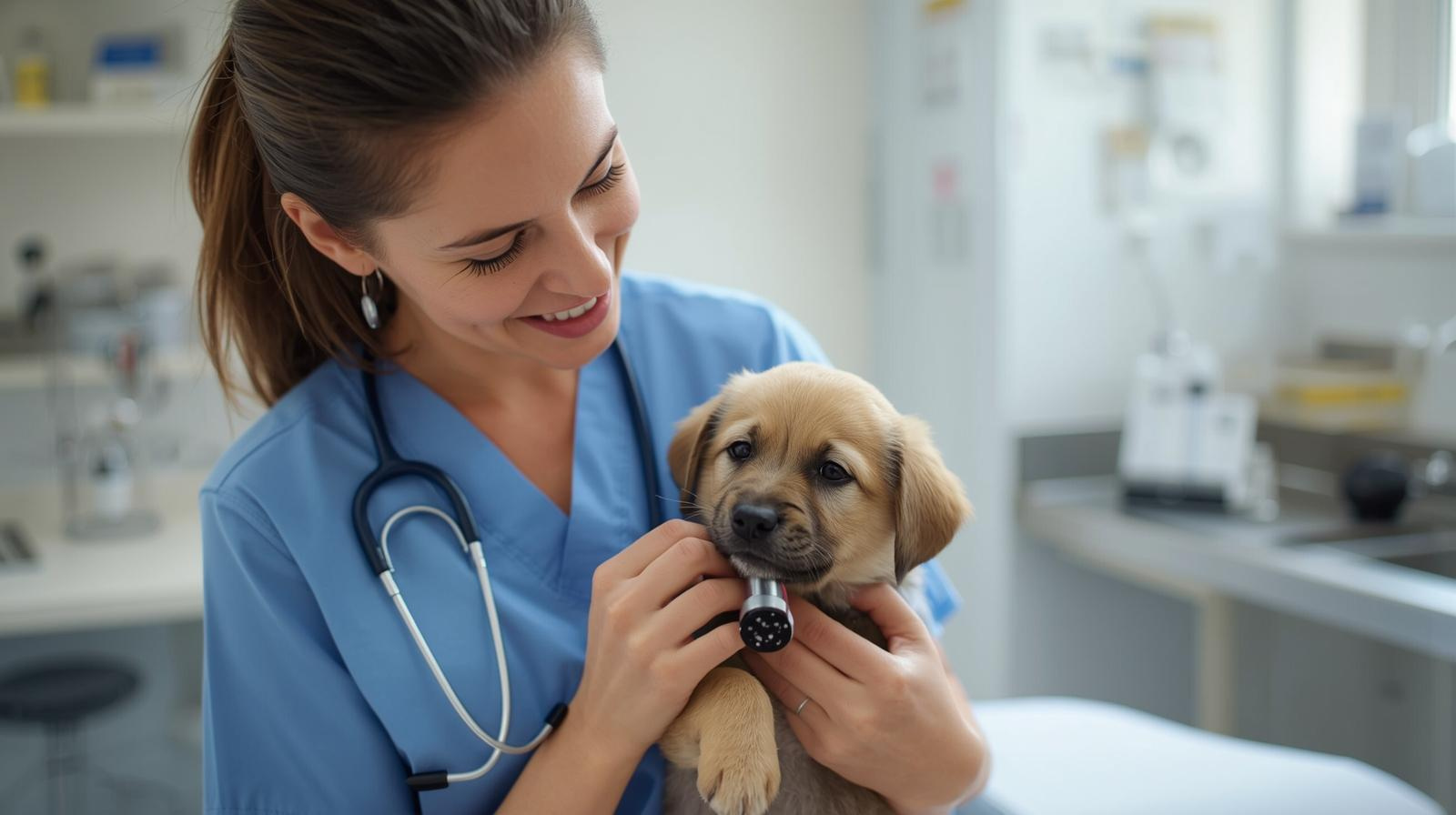 veterinarian scanning a puppy's microchip for identification in a clean clinic setting