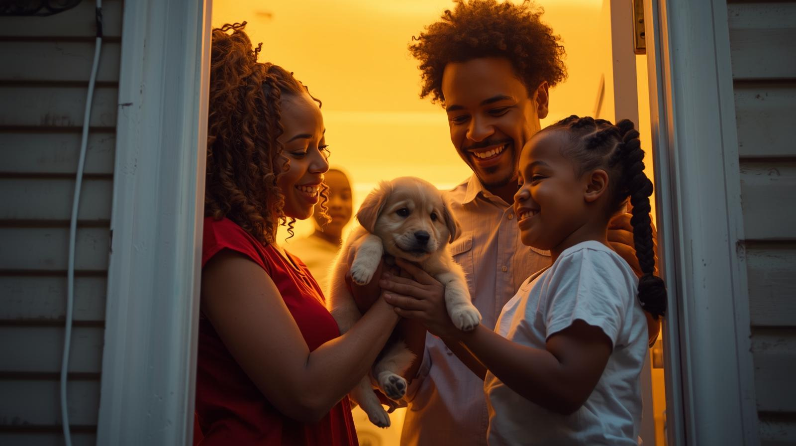 family welcoming a well socialized in home raised puppy into their home