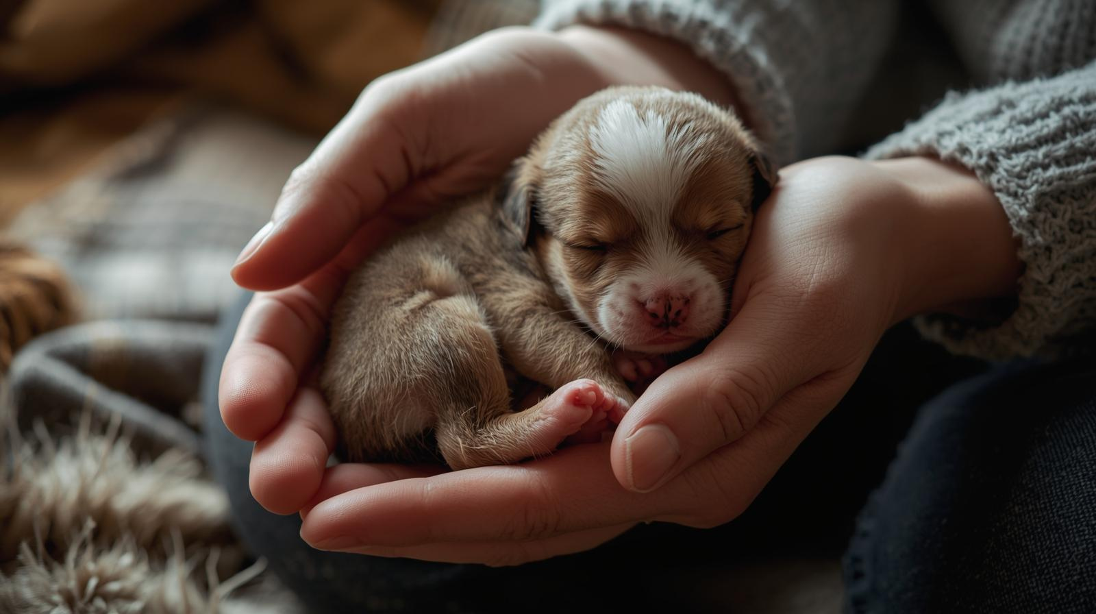 breeder gently handling a young puppy to support early socialization and confidence building