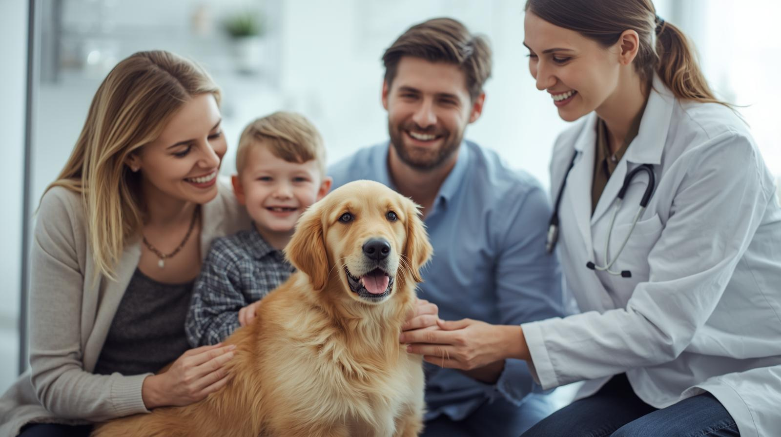 family with a new puppy at the vet preparing for long term health and protection