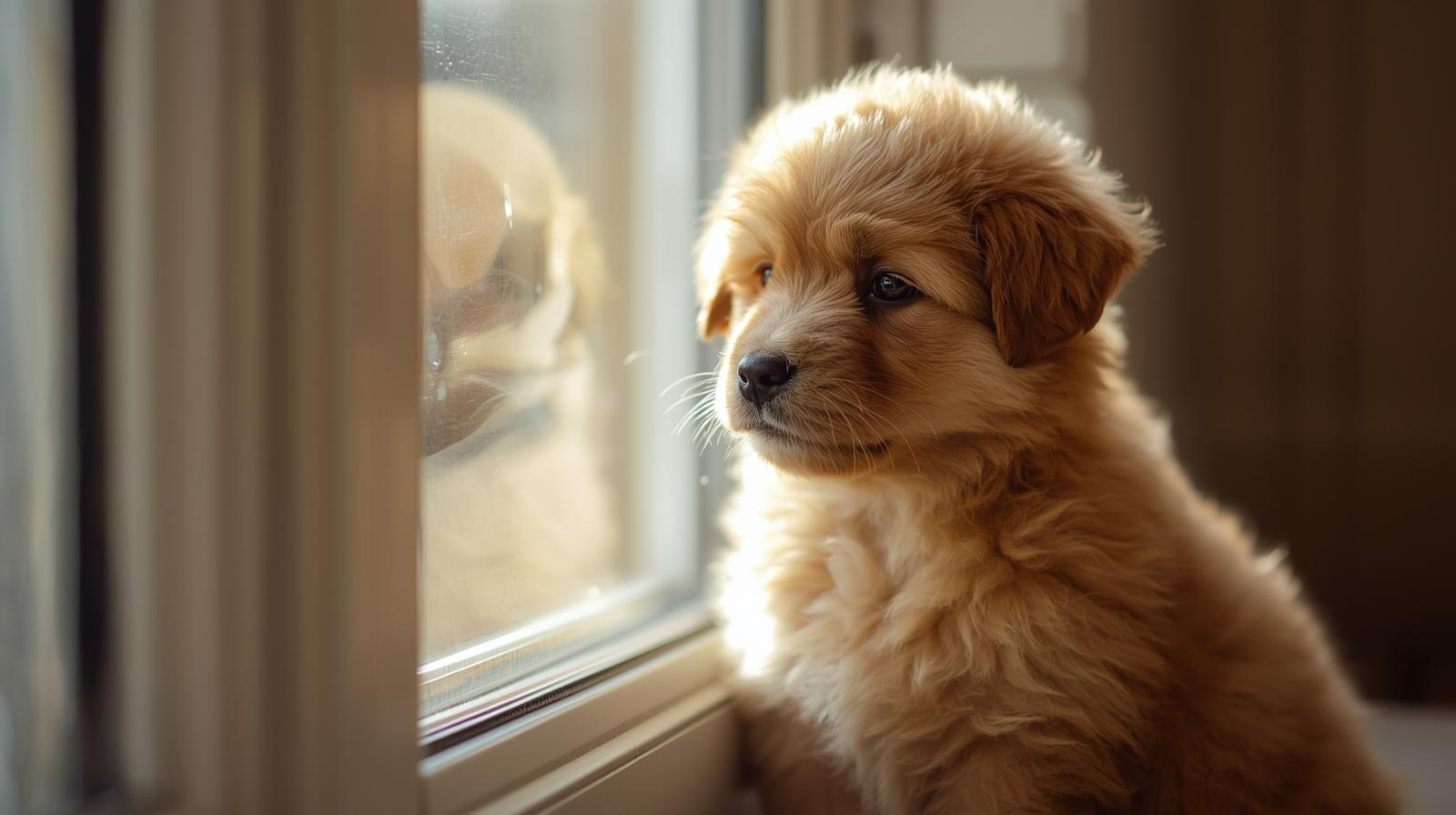 Puppy sitting near a window in natural light