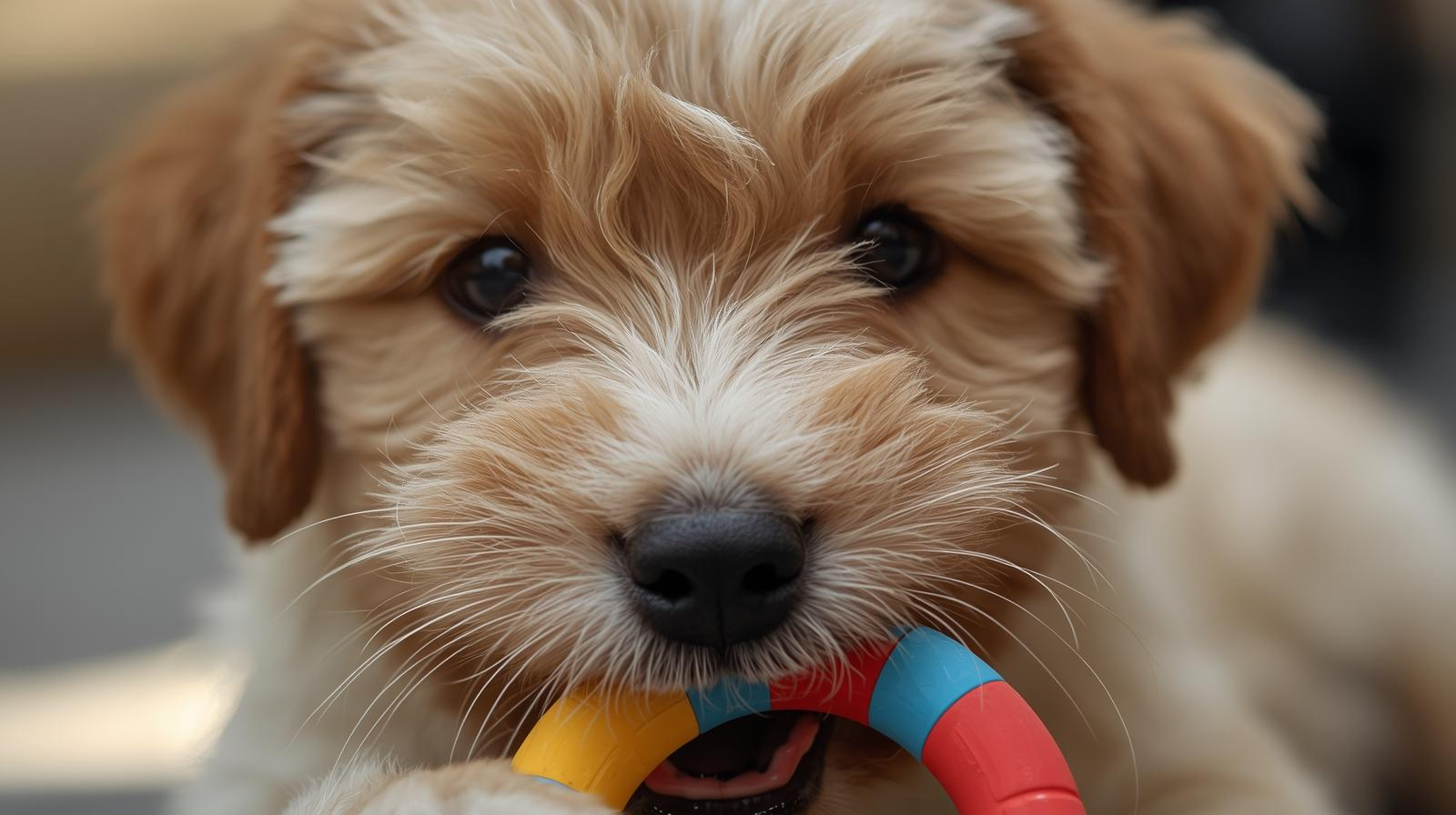 puppy chewing a soft rubber teething toy designed for sore puppy gums