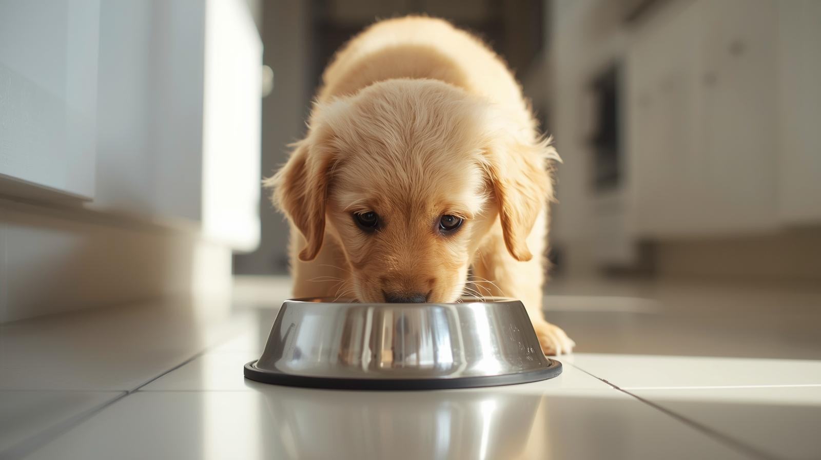 puppy eating from stainless steel bowl showing importance of early nutrition and healthy feeding hab