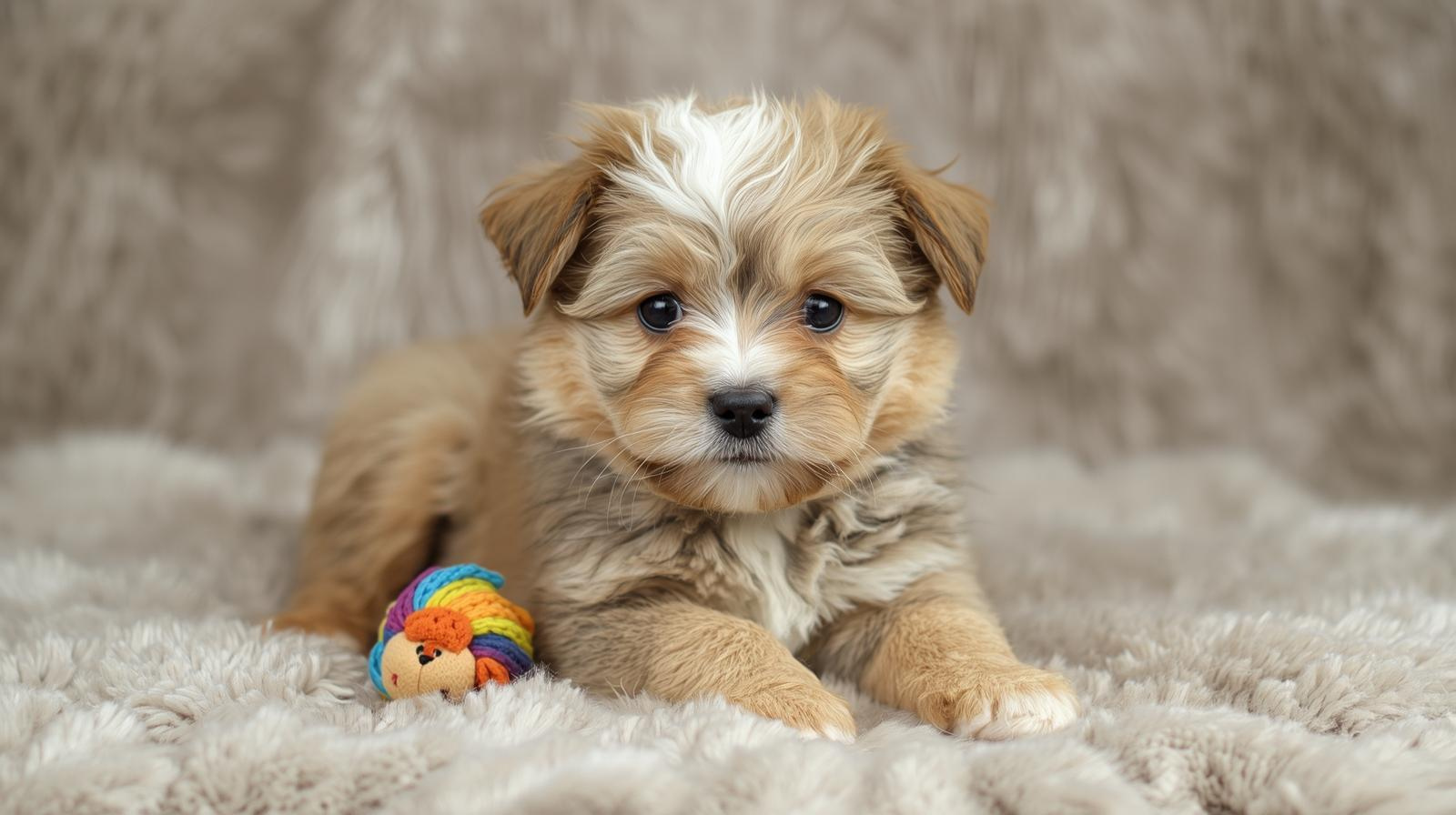 Puppy on a neutral blanket with a simple background