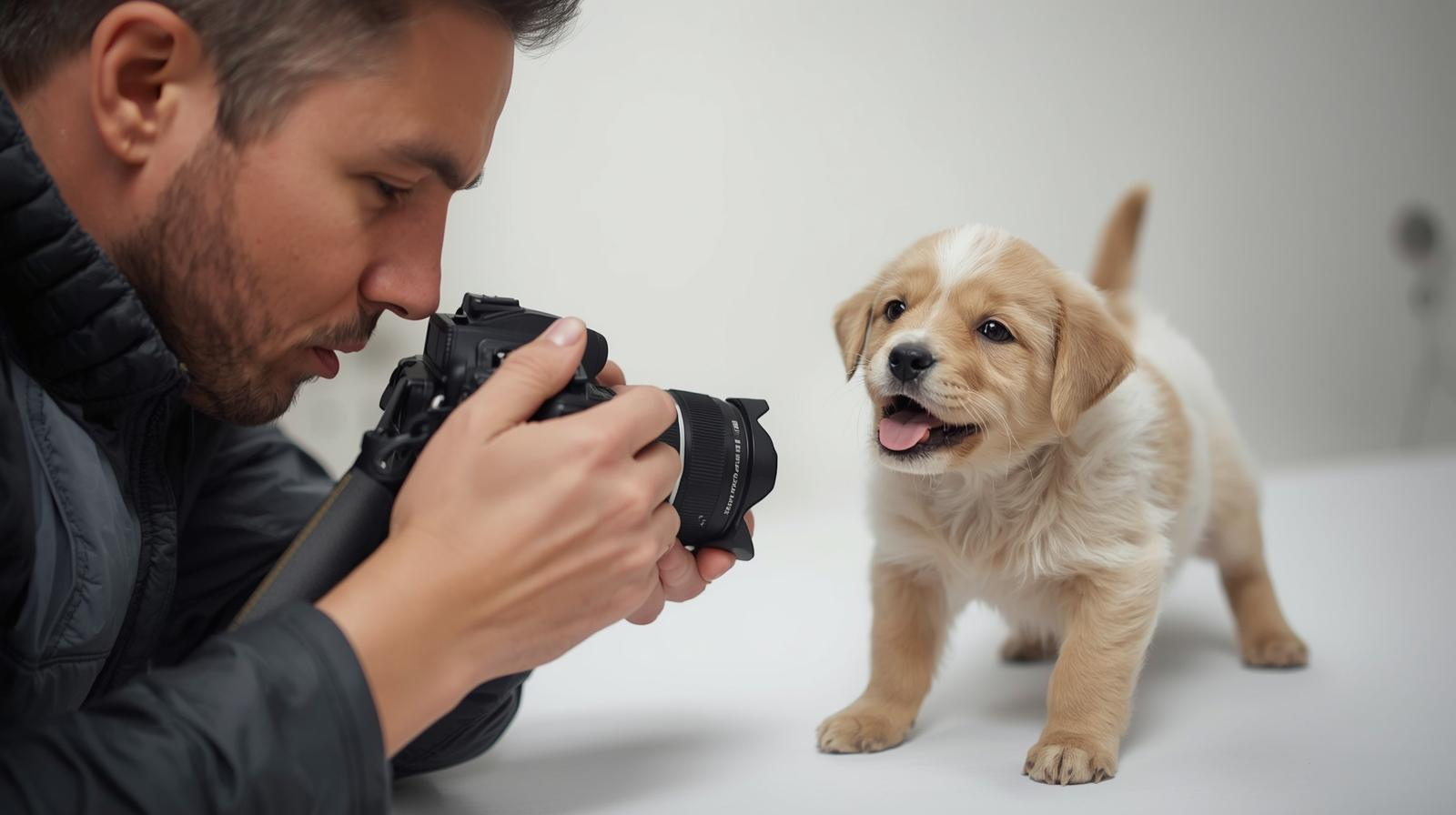 Puppy making eye contact while sitting calmly indoors