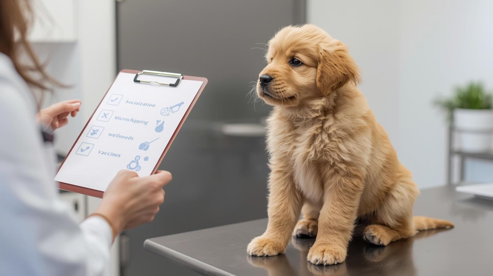 puppy at veterinary wellness visit showing microchipping as part of responsible care foundation