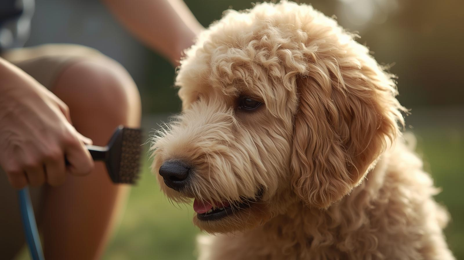 owner grooming a fluffy dog using proper coat care tools