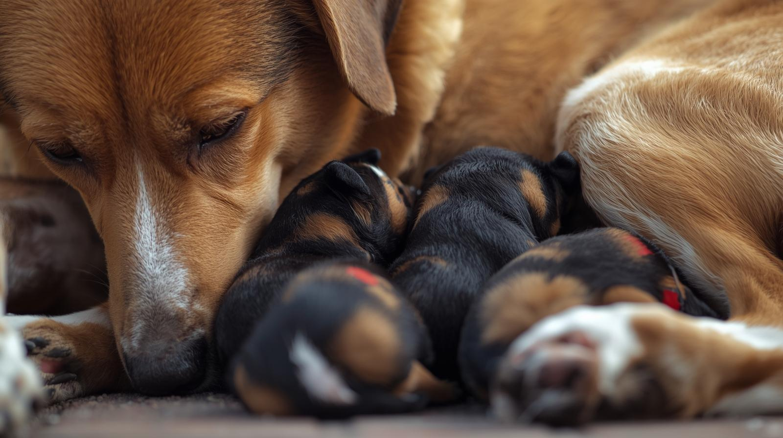 newborn puppies in a whelping box showing the first stage of puppy development