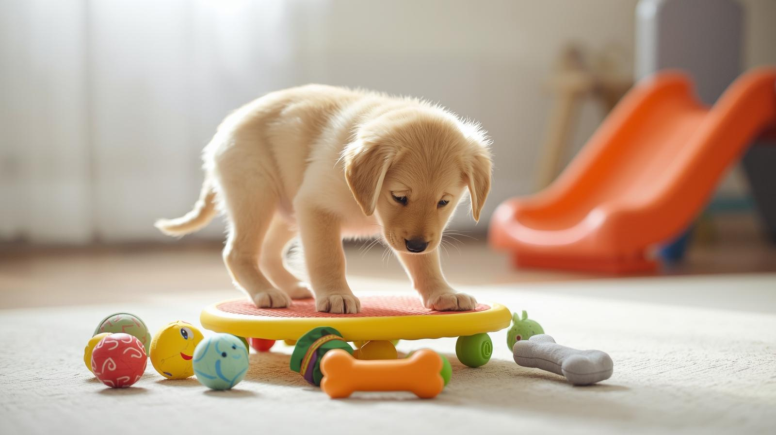 puppy exploring different textures during early socialization training