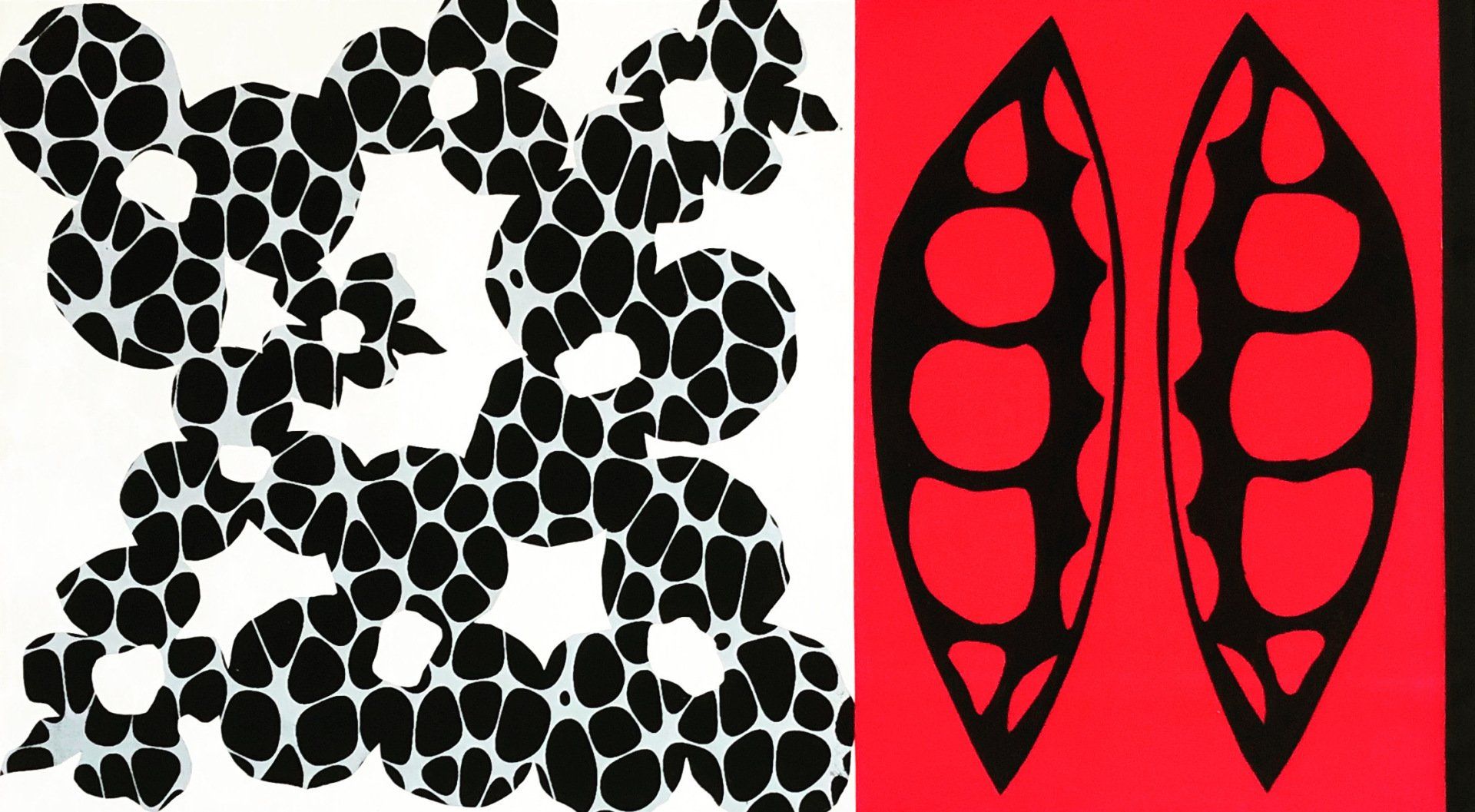 A black and white drawing next to a red and black drawing