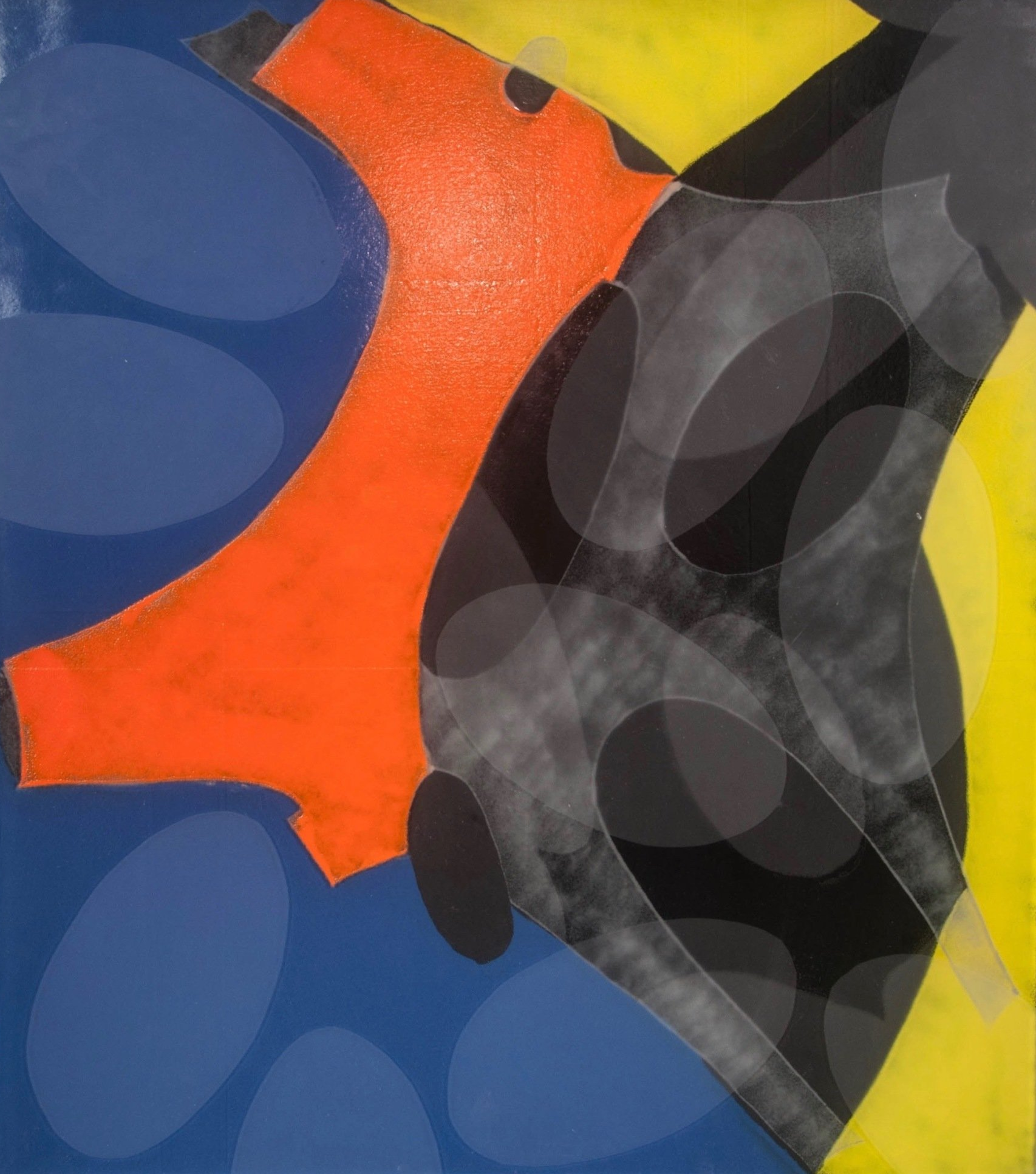 A blue and yellow painting with orange and black circles