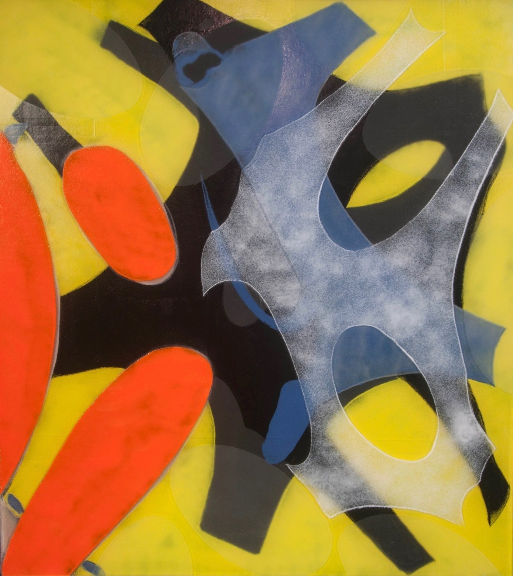 A colorful painting with a yellow background and a blue circle in the middle