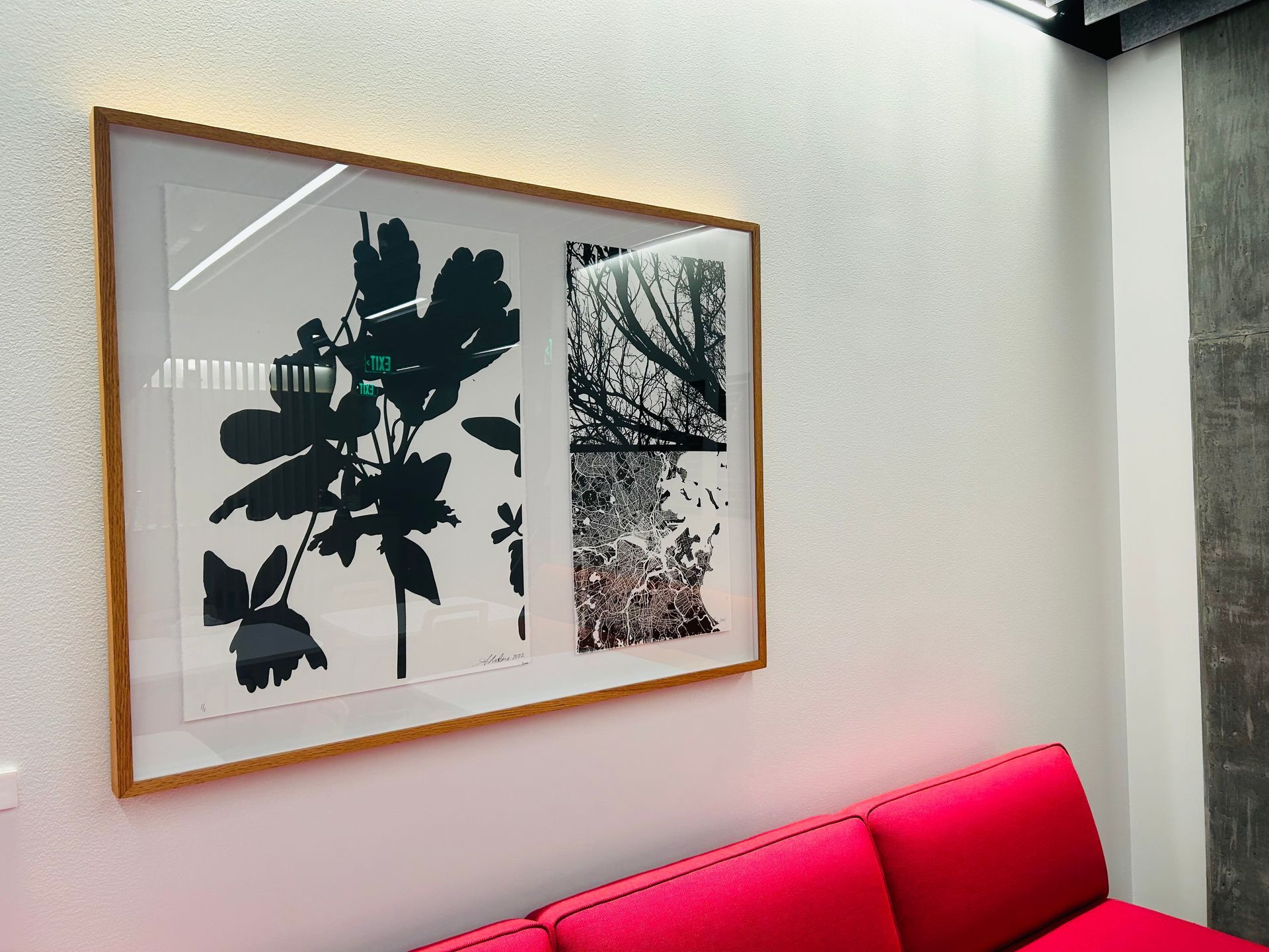 A framed picture of a plant hangs above a red couch