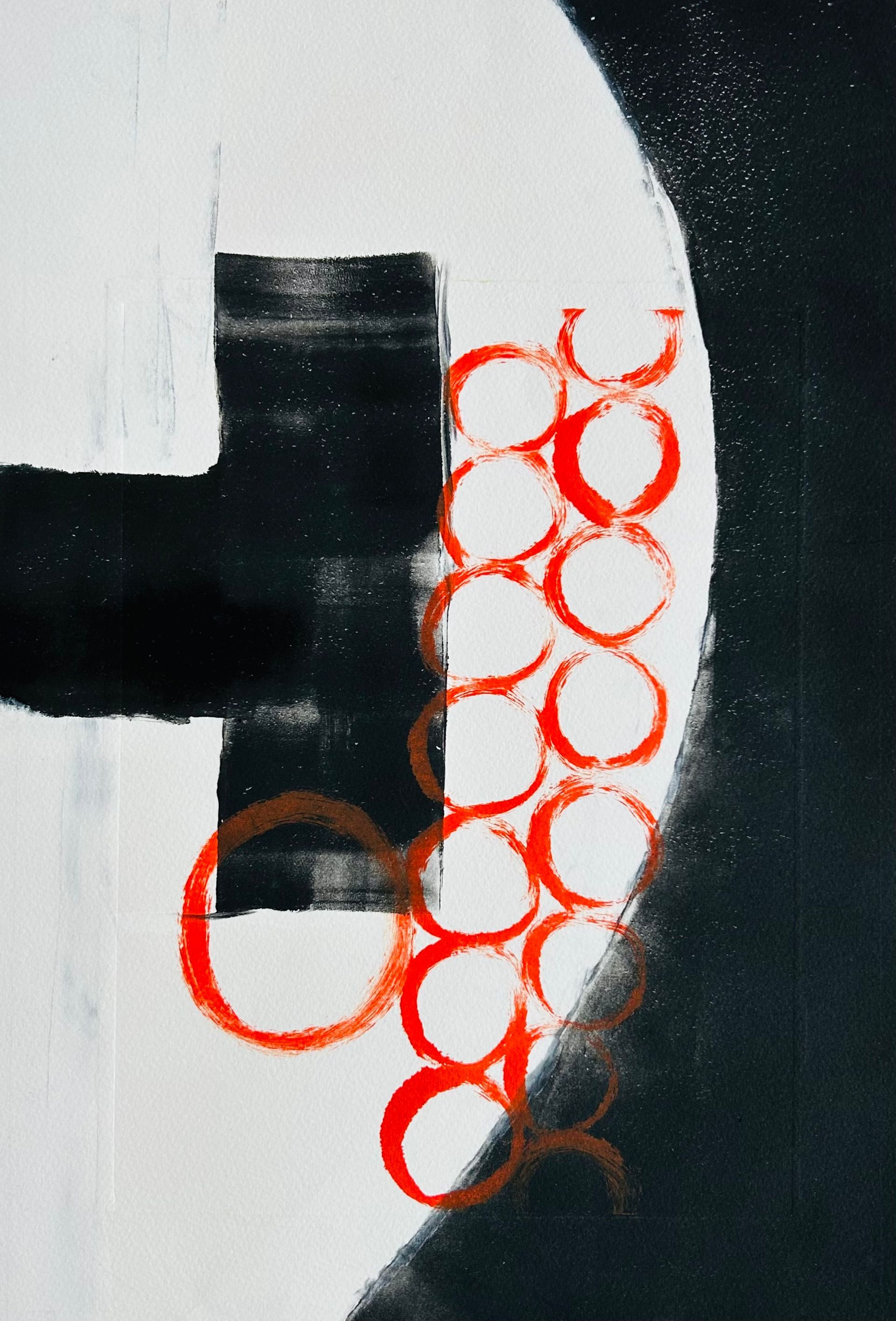 A black and white painting with red circles on it