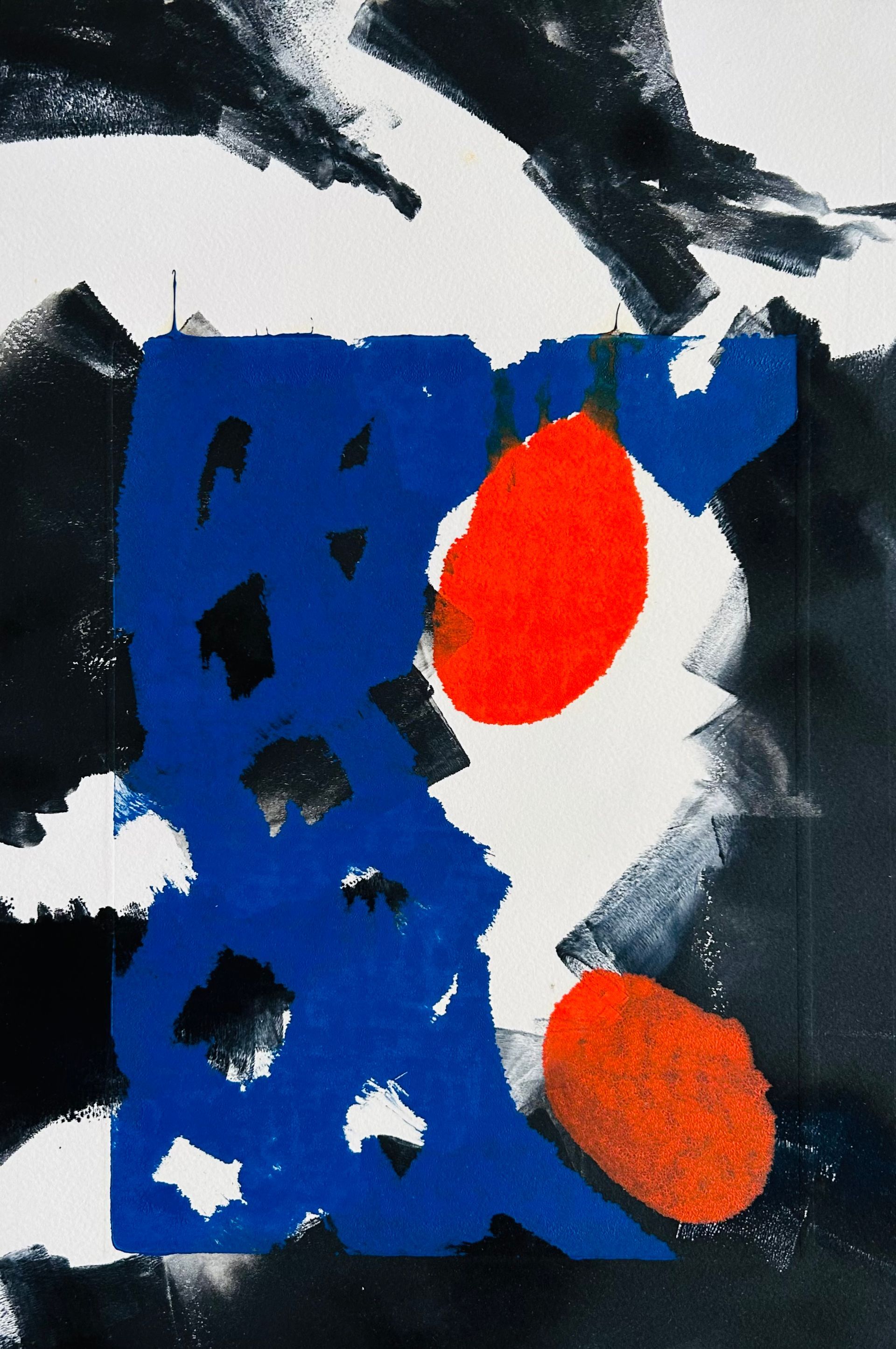 A blue and white painting with a red circle in the middle