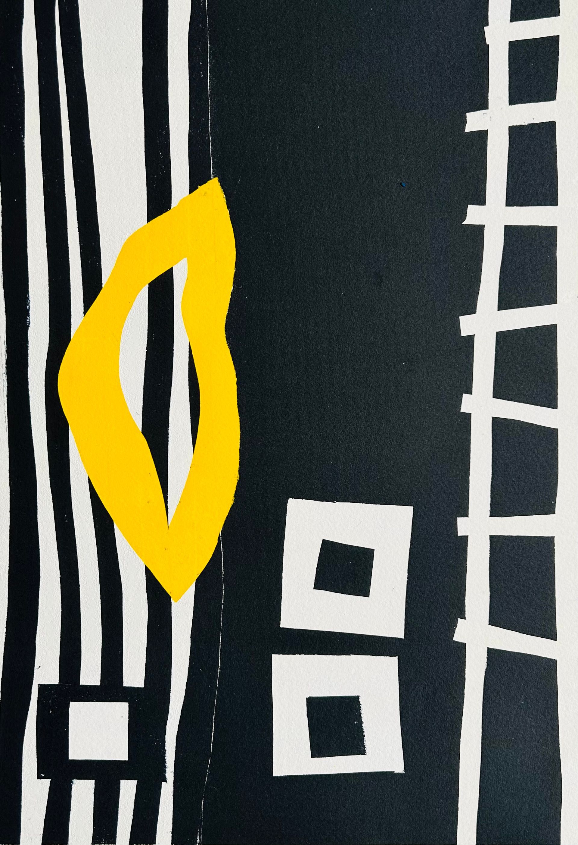 A black and white striped background with a yellow circle in the middle