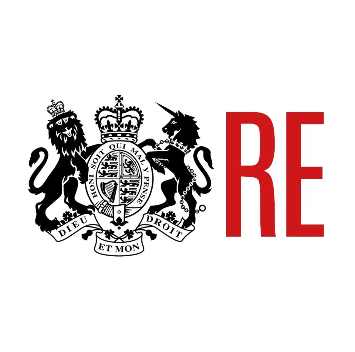 A black and white logo with a lion and a unicorn and the word re in red.