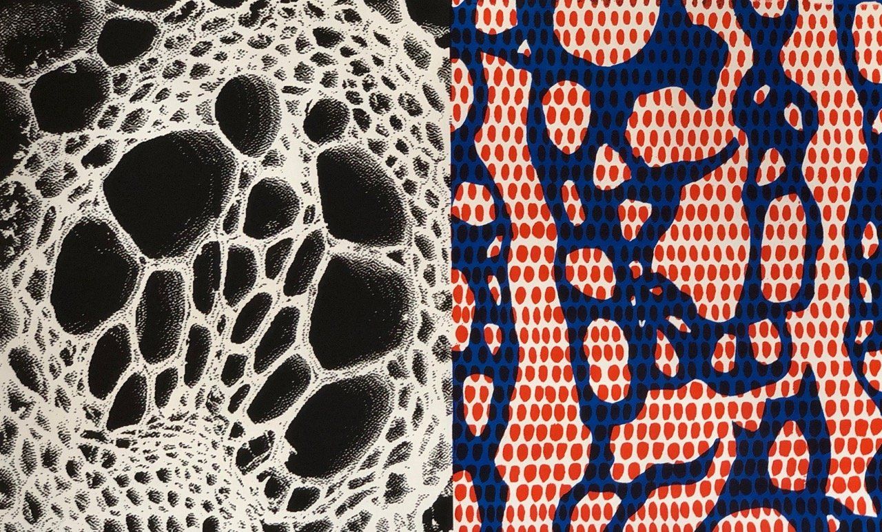 A close up of a black and white pattern and a close up of a red and blue pattern