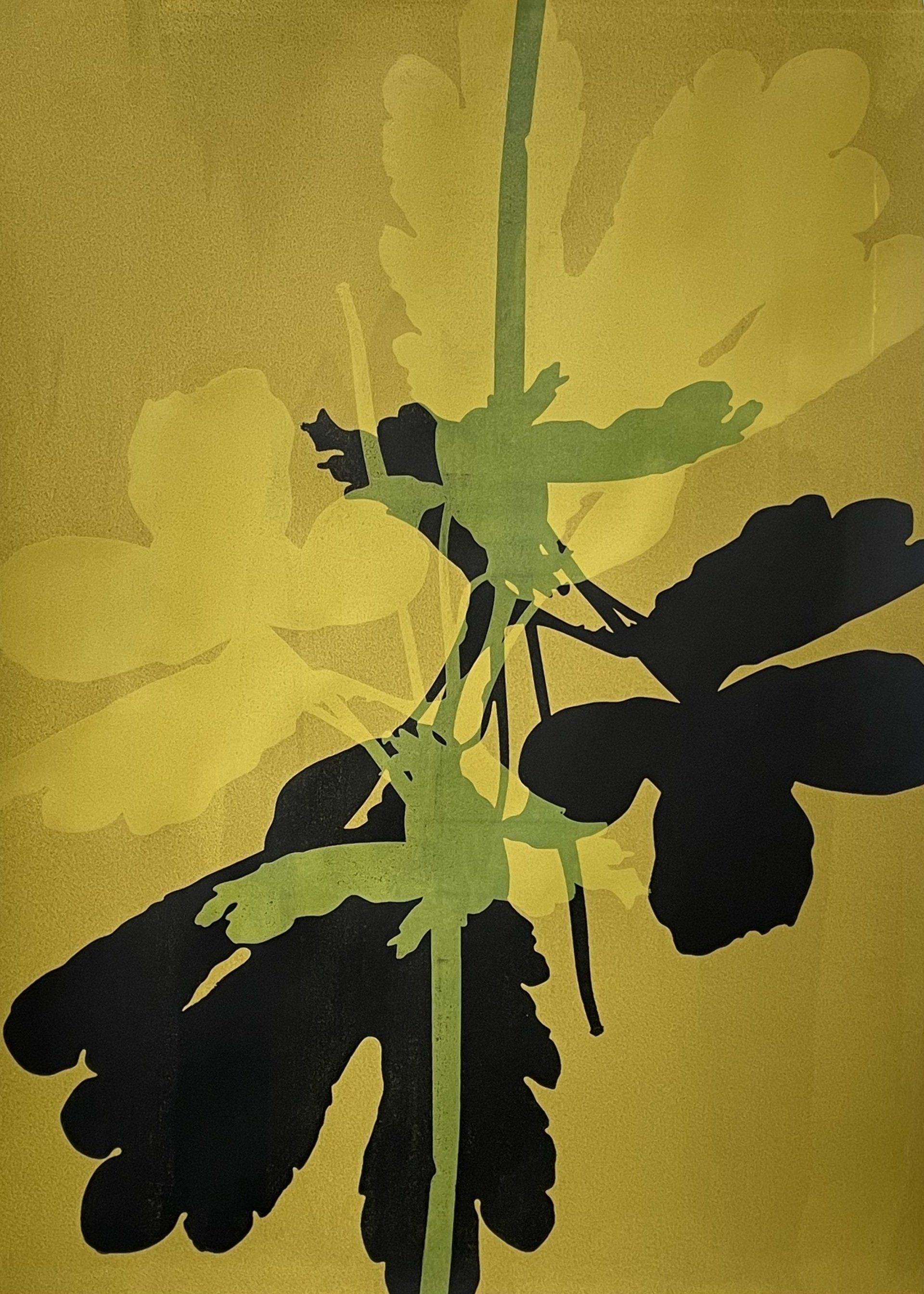 A painting of a black and green flower on a yellow background