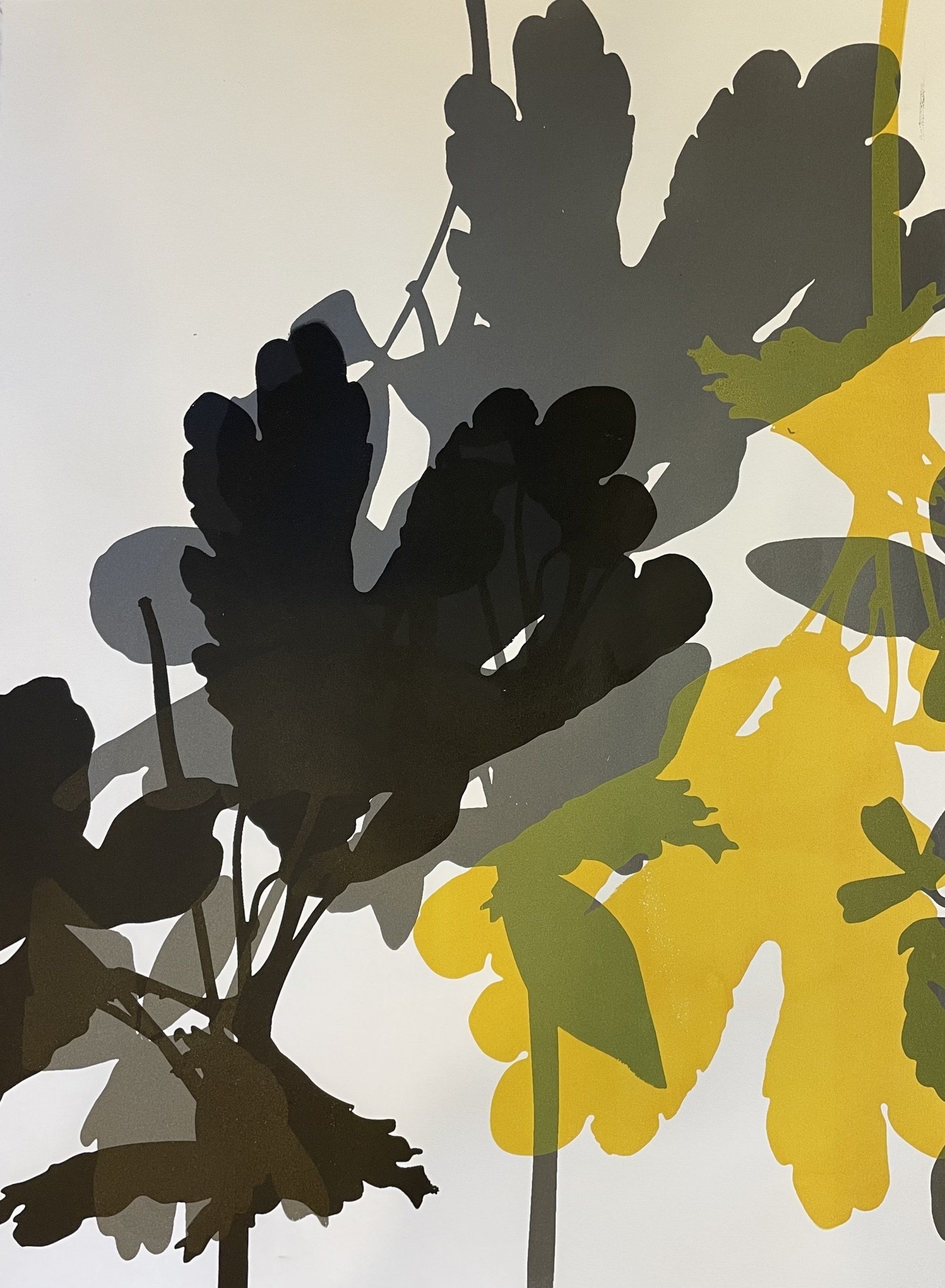 A close up of a painting of yellow and gray leaves on a white background