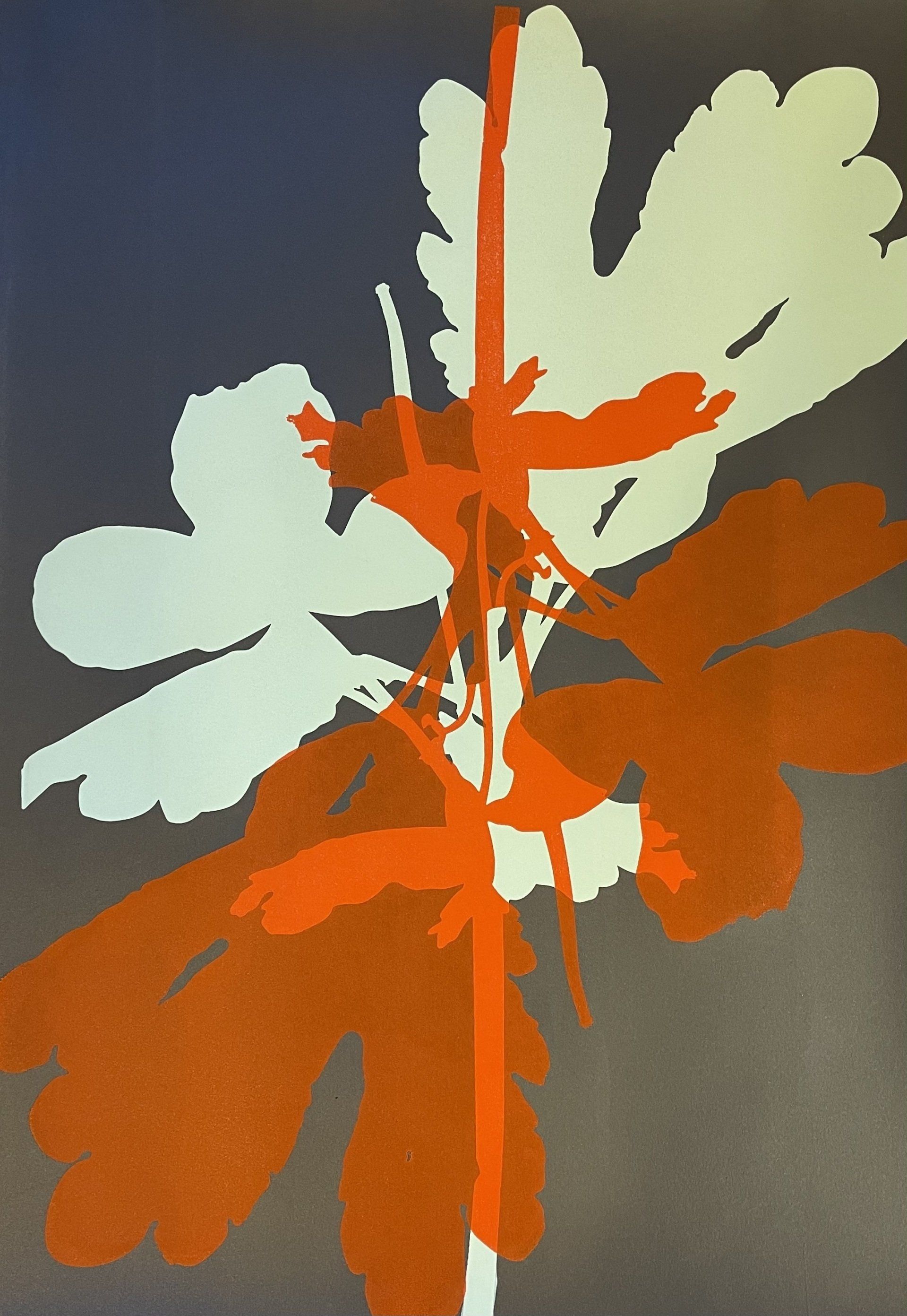 A painting of a flower with white and orange leaves