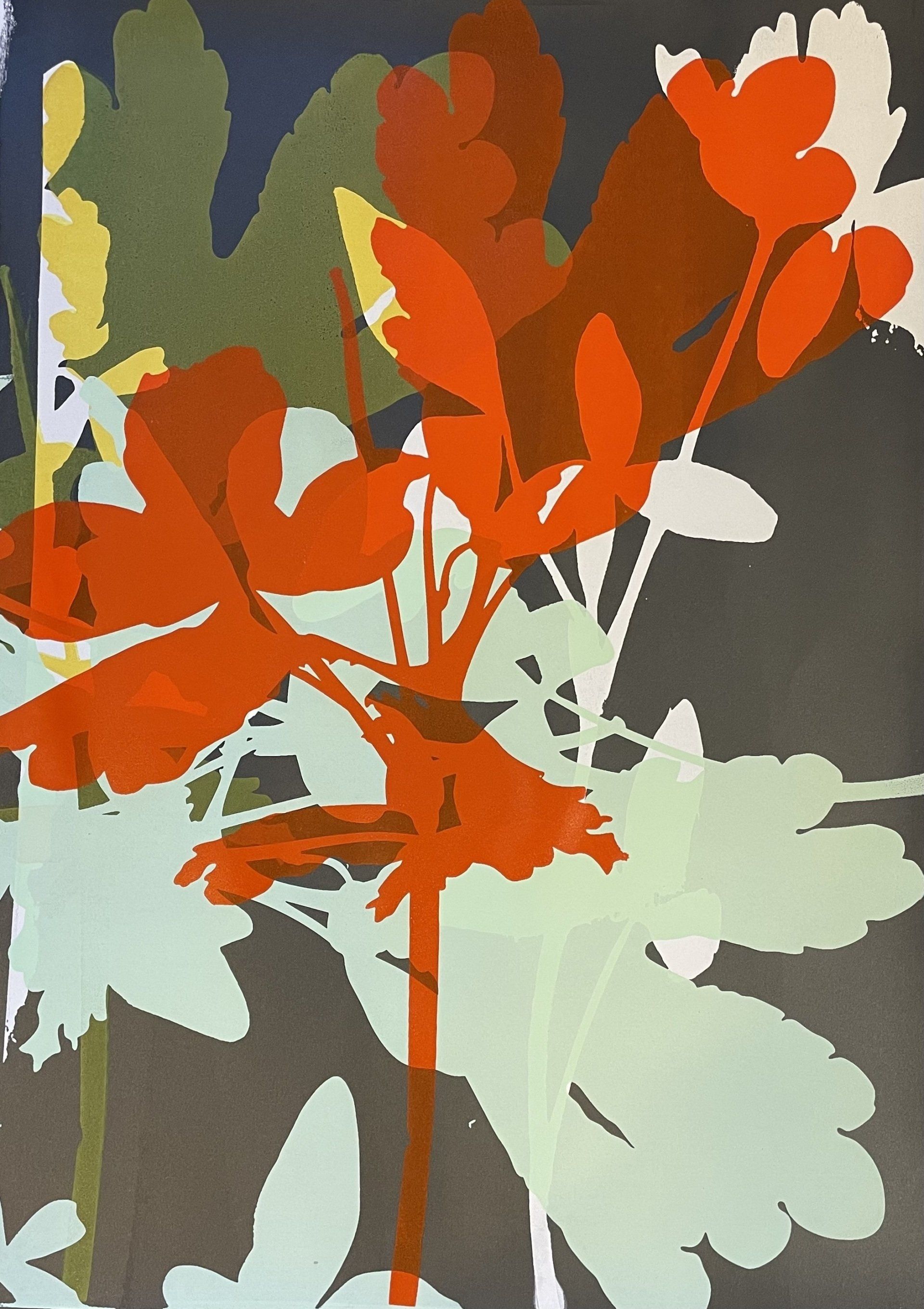 A painting of flowers and leaves on a dark background