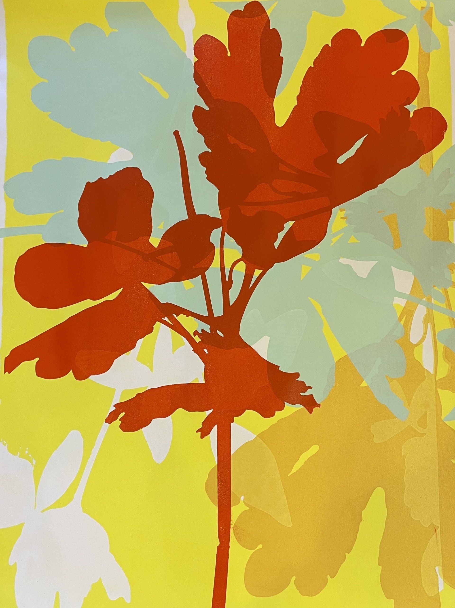 A painting of a tree with red leaves on a yellow background