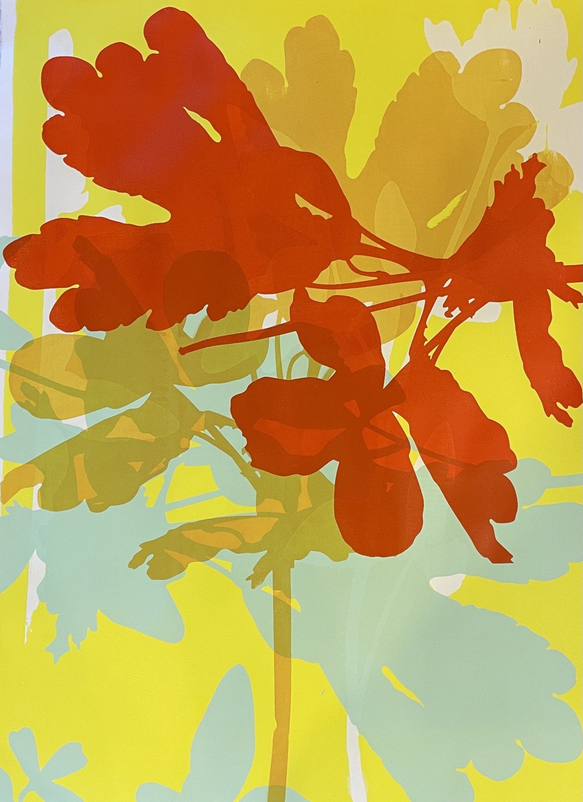 A painting of red flowers on a yellow background