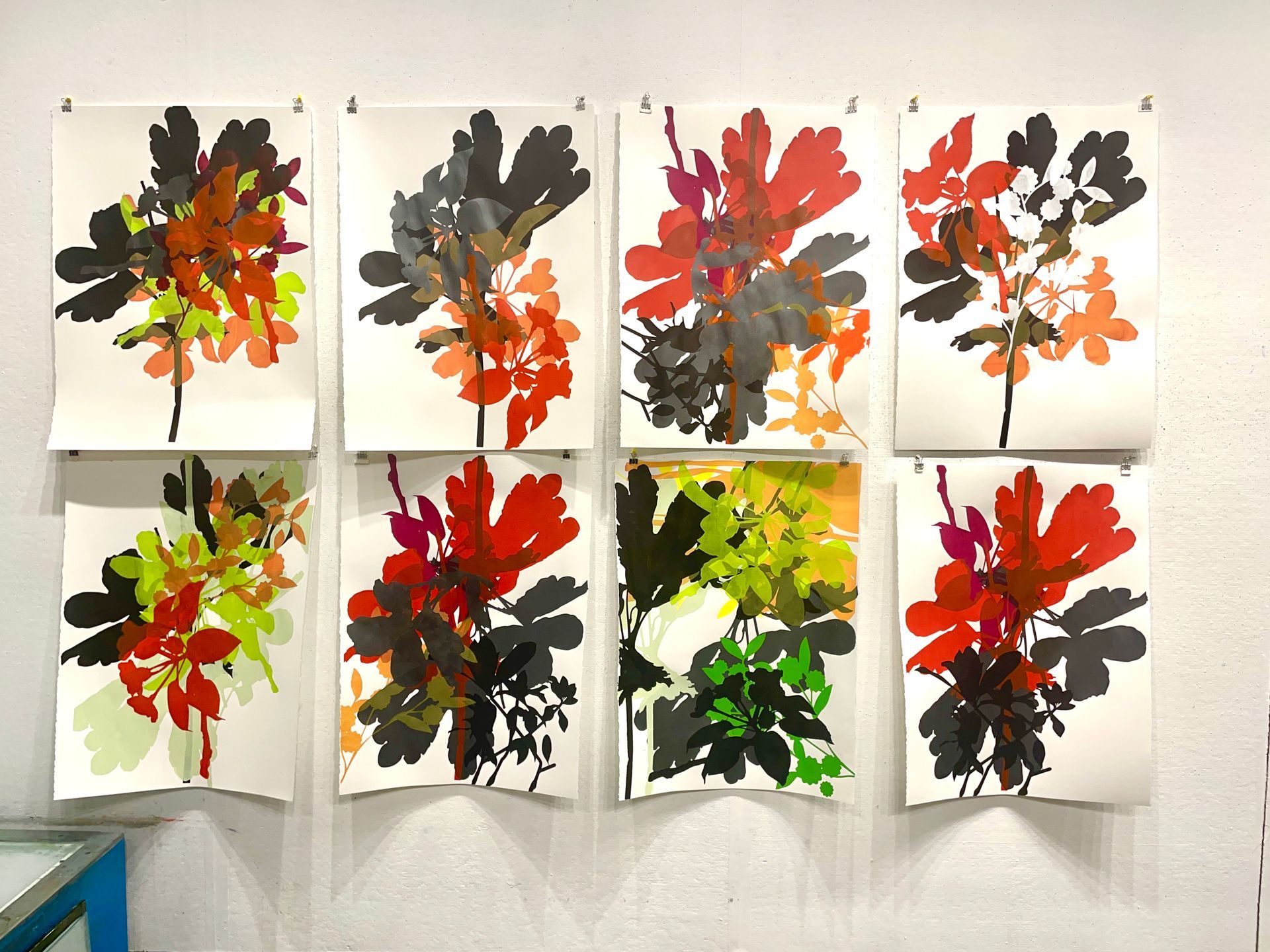 Several paintings of flowers are hanging on a wall
