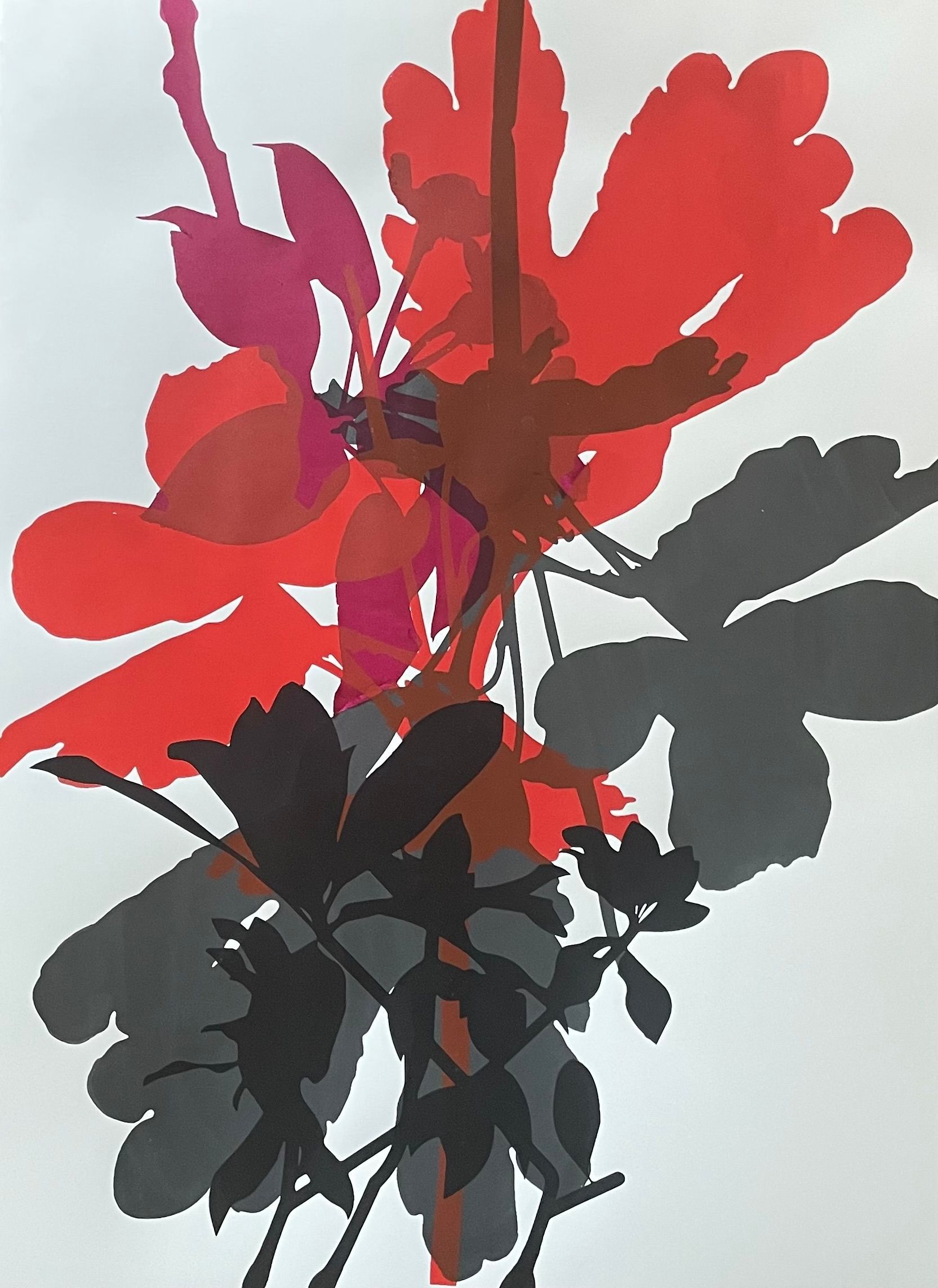 A painting of red and black flowers on a white background