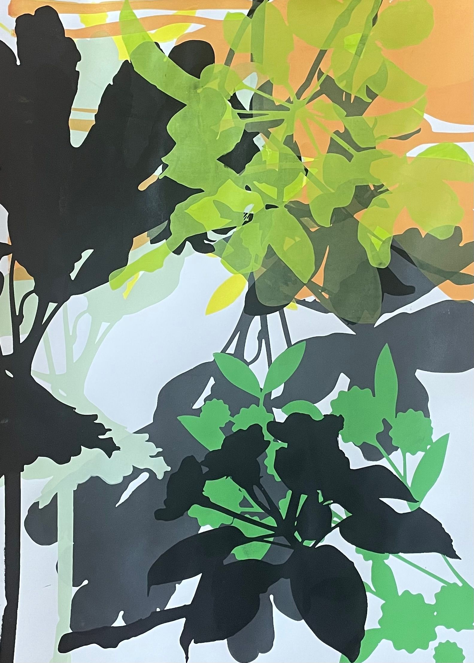 A painting of a tree with green and black leaves
