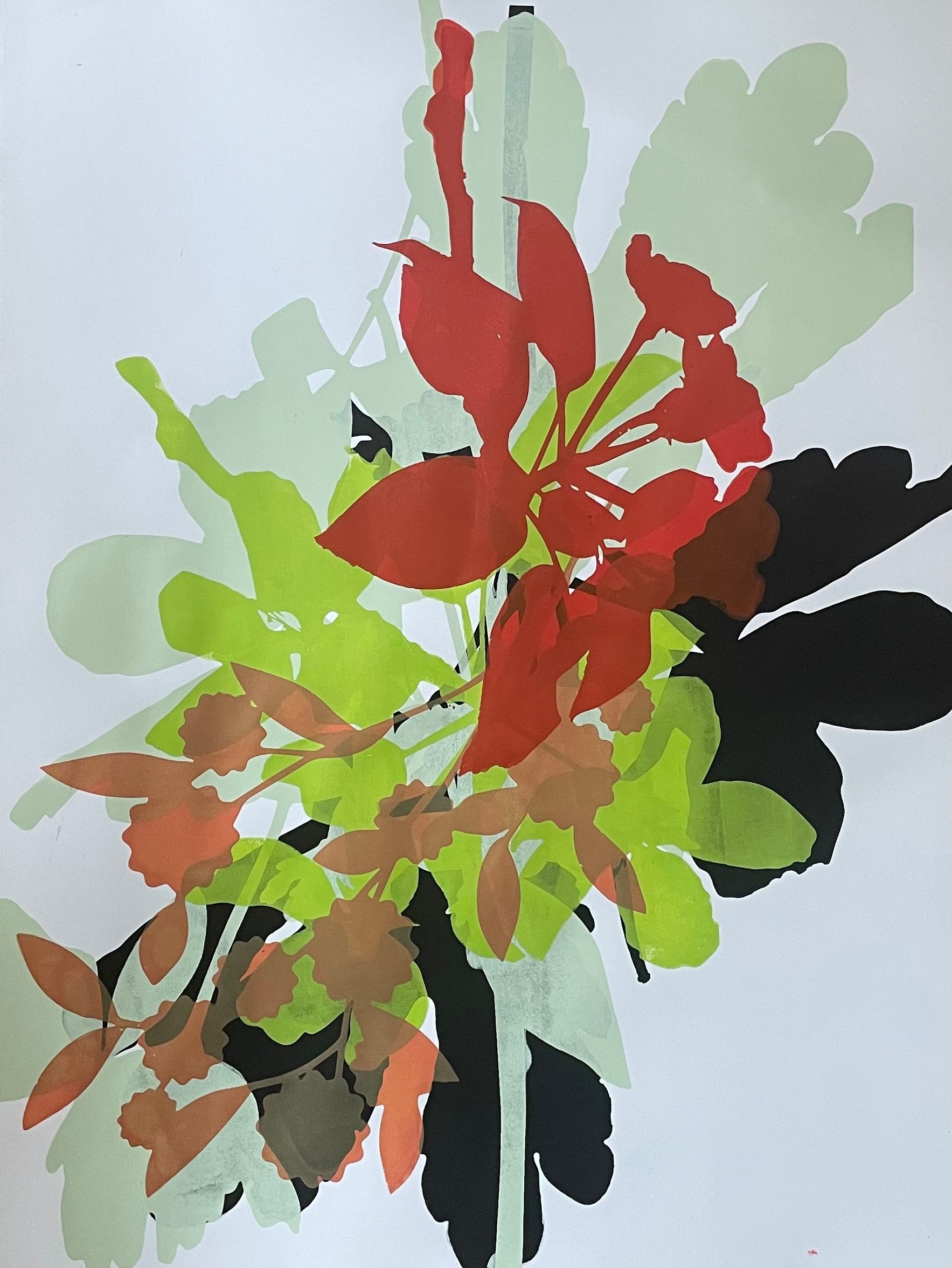 A painting of a red flower with green leaves