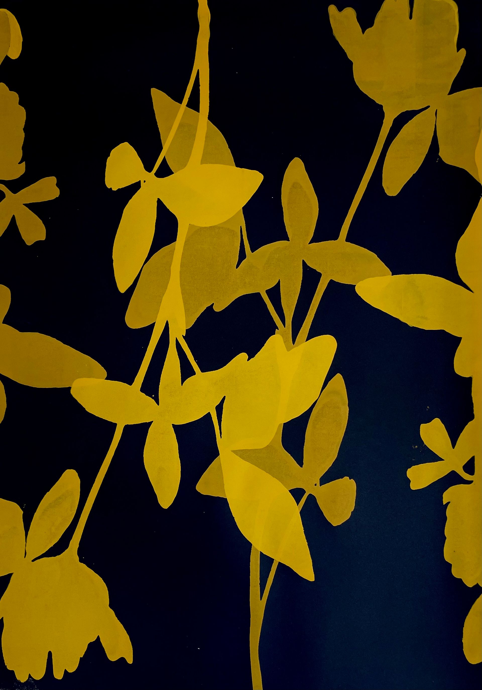A dark blue background with yellow flowers on it