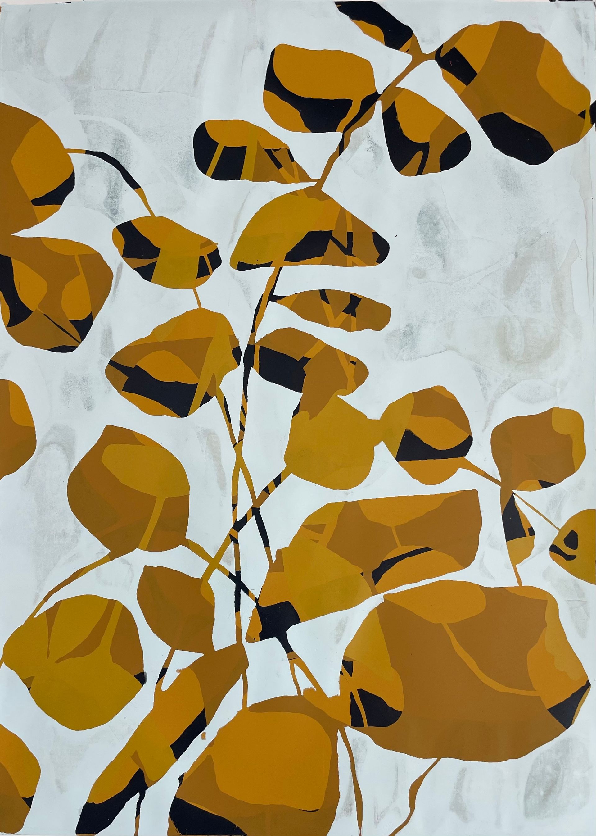 A painting of yellow and black leaves on a white background