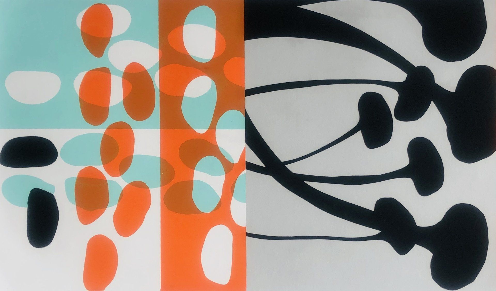 A painting of circles on a blue and orange background