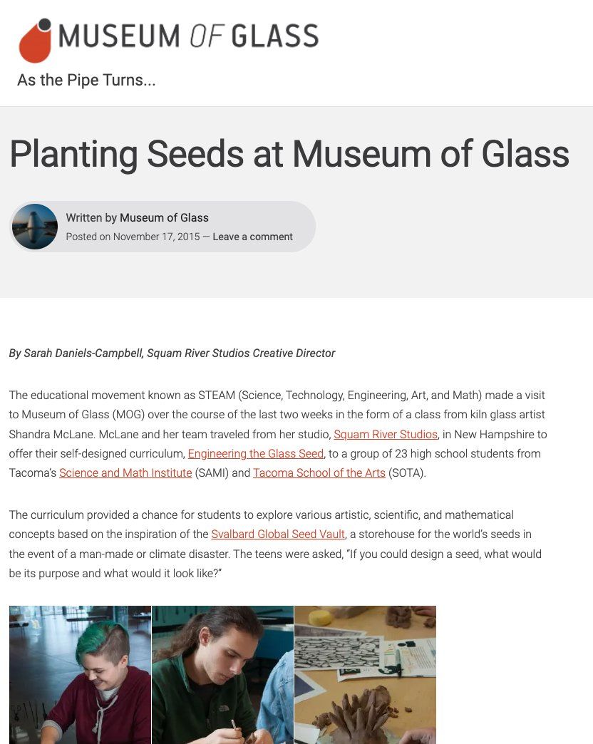 A screenshot of a website for the museum of glass