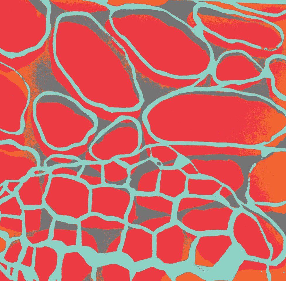 A pixel art of a red and blue background