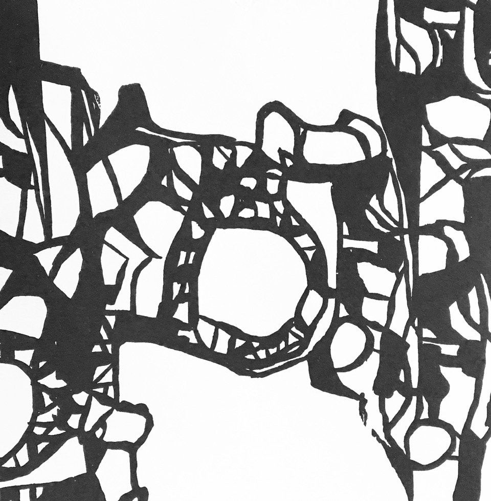 A black and white drawing of a person holding hands