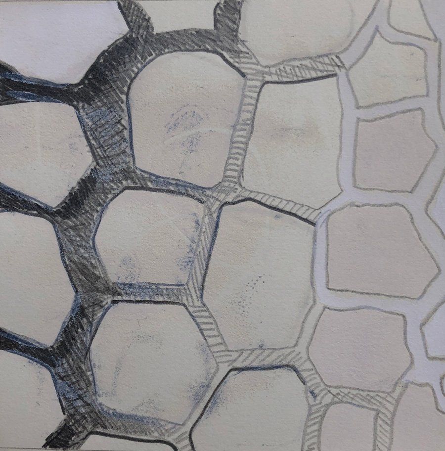 A black and white drawing of a honeycomb pattern