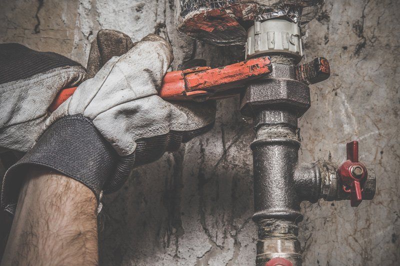 Man's Hand In Protective Glove Working With Wrench At Pipe — Dempsey Plumbing in Woy Woy