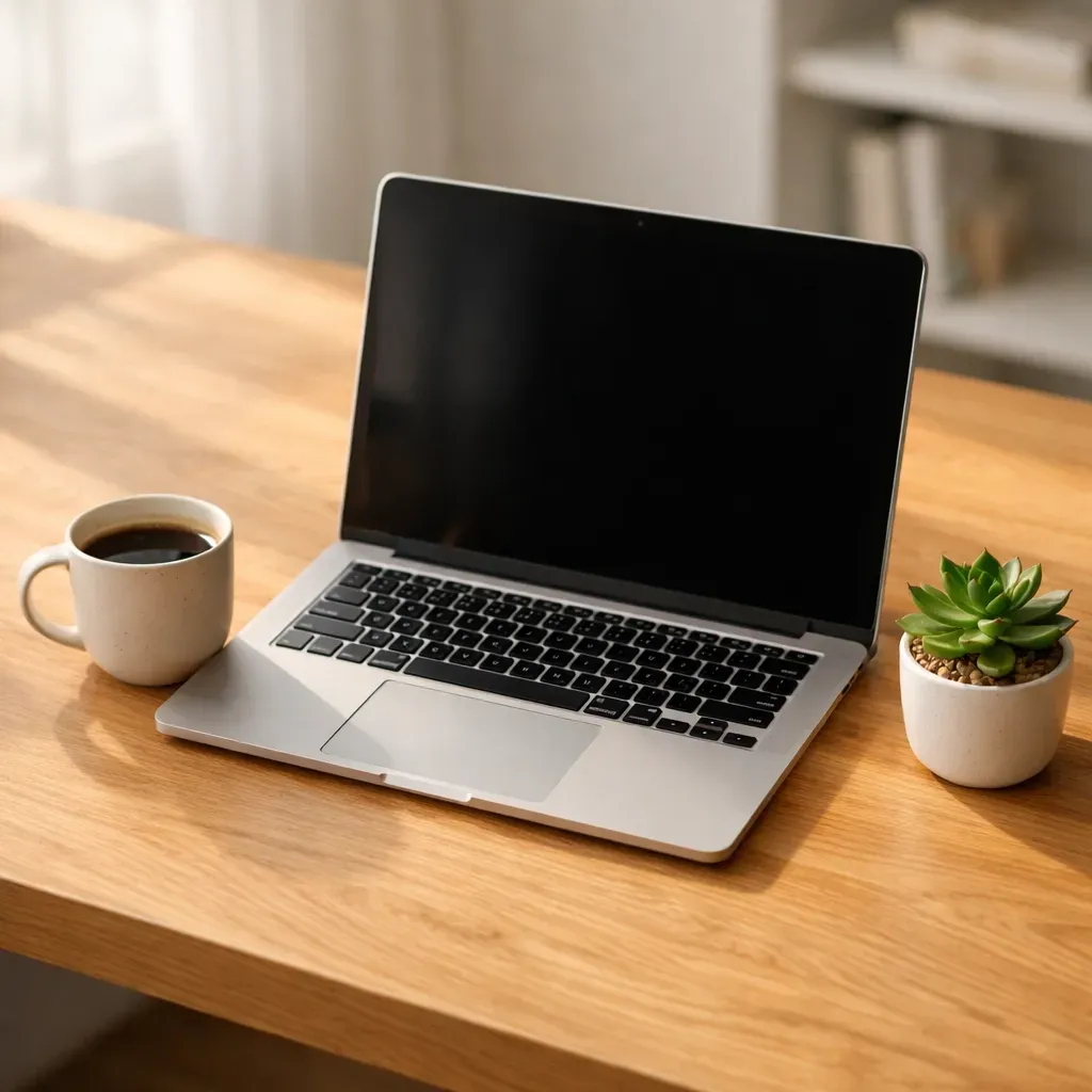 Clean modern desk with laptop representing secure small business bookkeeping and financial data protection.