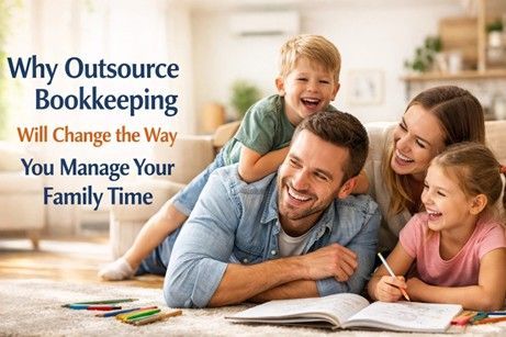 Family laughing together in a living room, with text about outsourcing bookkeeping and family time.