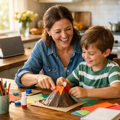 Woman and child crafting a volcano model at a kitchen table. Smiling, focused. Woman and child crafting a volcano model at a kitchen table. Smiling, focused.