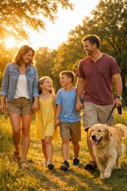 Family walking with a golden retriever in a park, holding hands, smiling at each other with a sunset. Family walking with a golden retriever in a park, holding hands, smiling at each other with a sunset.