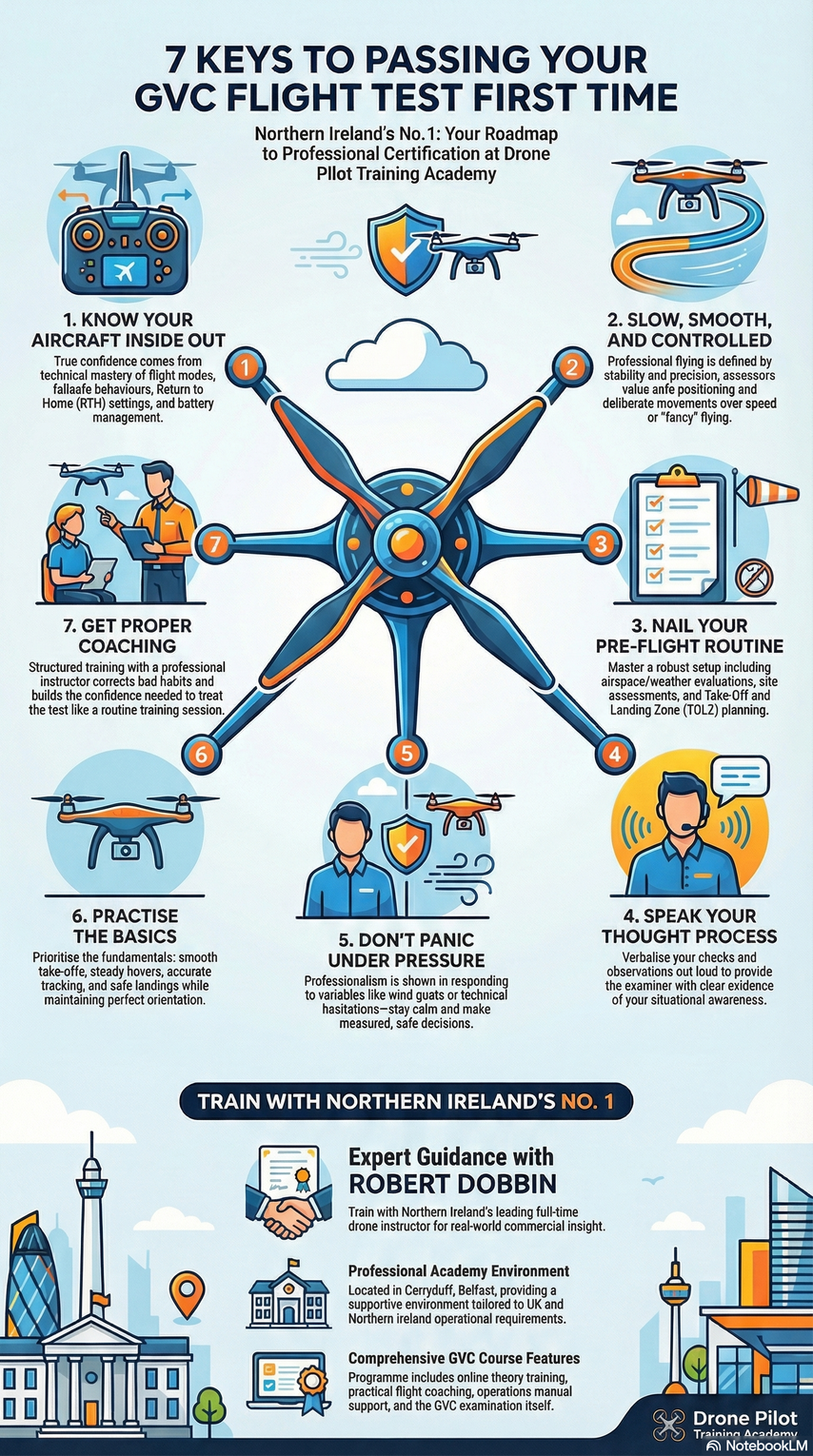 7 Keys to Passing your GVC Flight TEST First Time -Drone Pilot Training Academy - Infographic