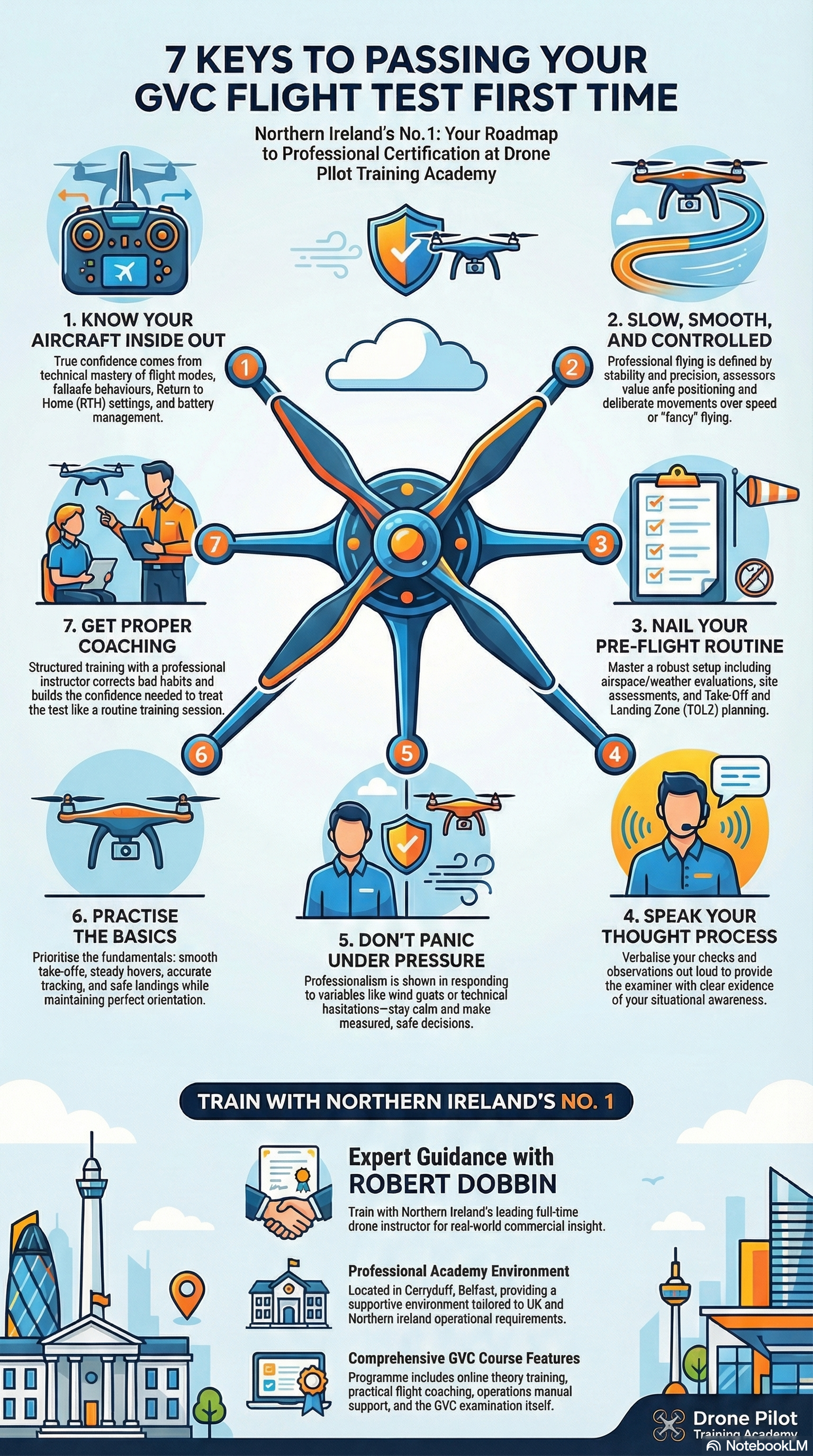7 Keys to Passing your GVC Flight TEST First Time -Drone Pilot Training Academy - Infographic